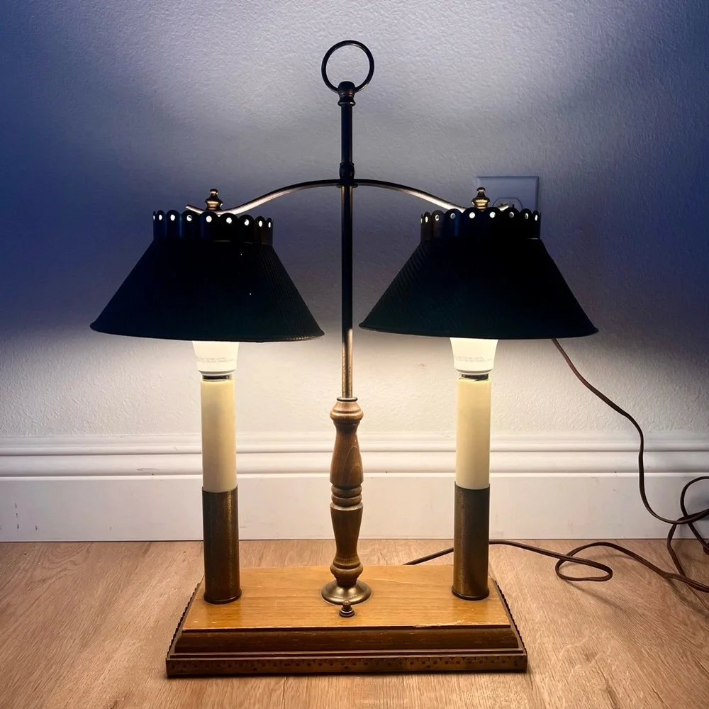 RARE Vtg Mid Century‎ Hollywood Regency Feldman Co Label Brass Shades Table Lamp